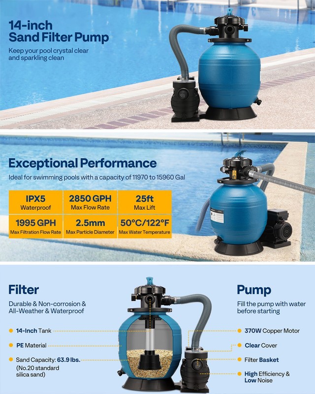 Sand Filter Above Ground w/ 1/2HP Pool Pump 2850GPH Flow 14" 6-Way Valve & Timer gallery