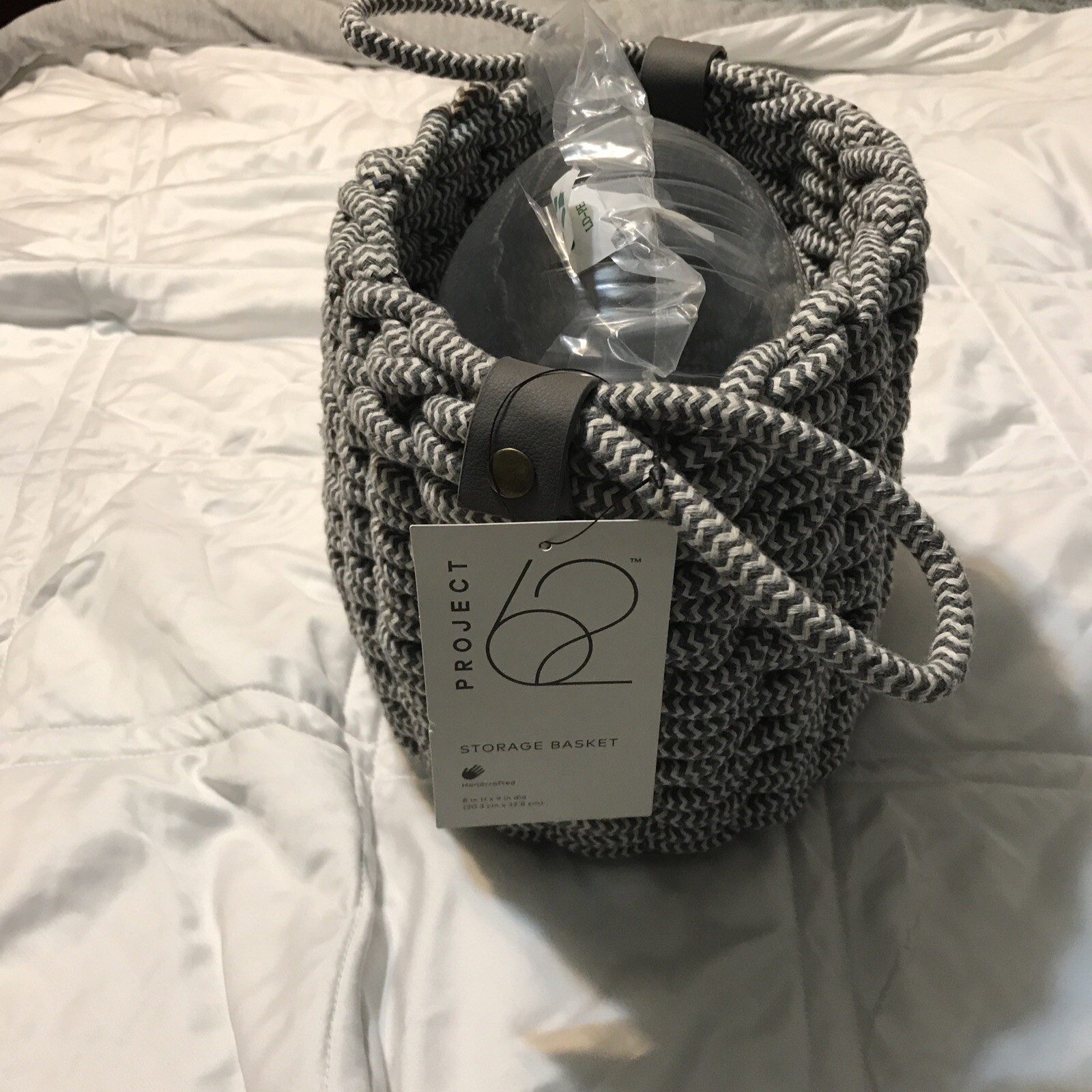 2-Project 62 Accent Gray Coiled Rope Fishtail Weave Basket W/Faux Leather Snap gallery