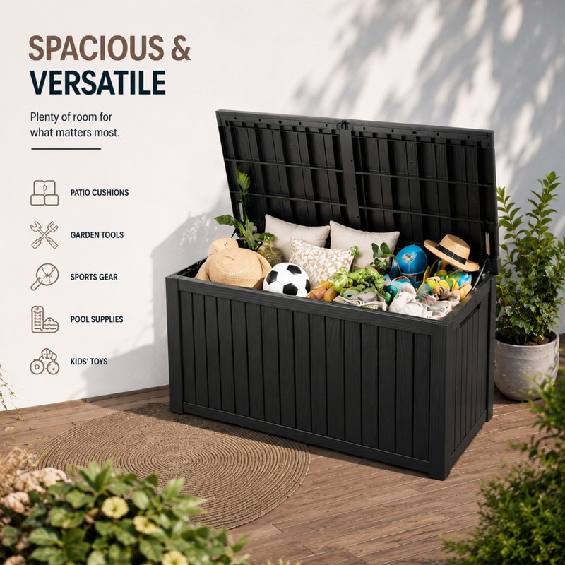 80-320 Gallon Waterproof Resistant Resin Lockable Deck Box Outdoor Storage Box gallery
