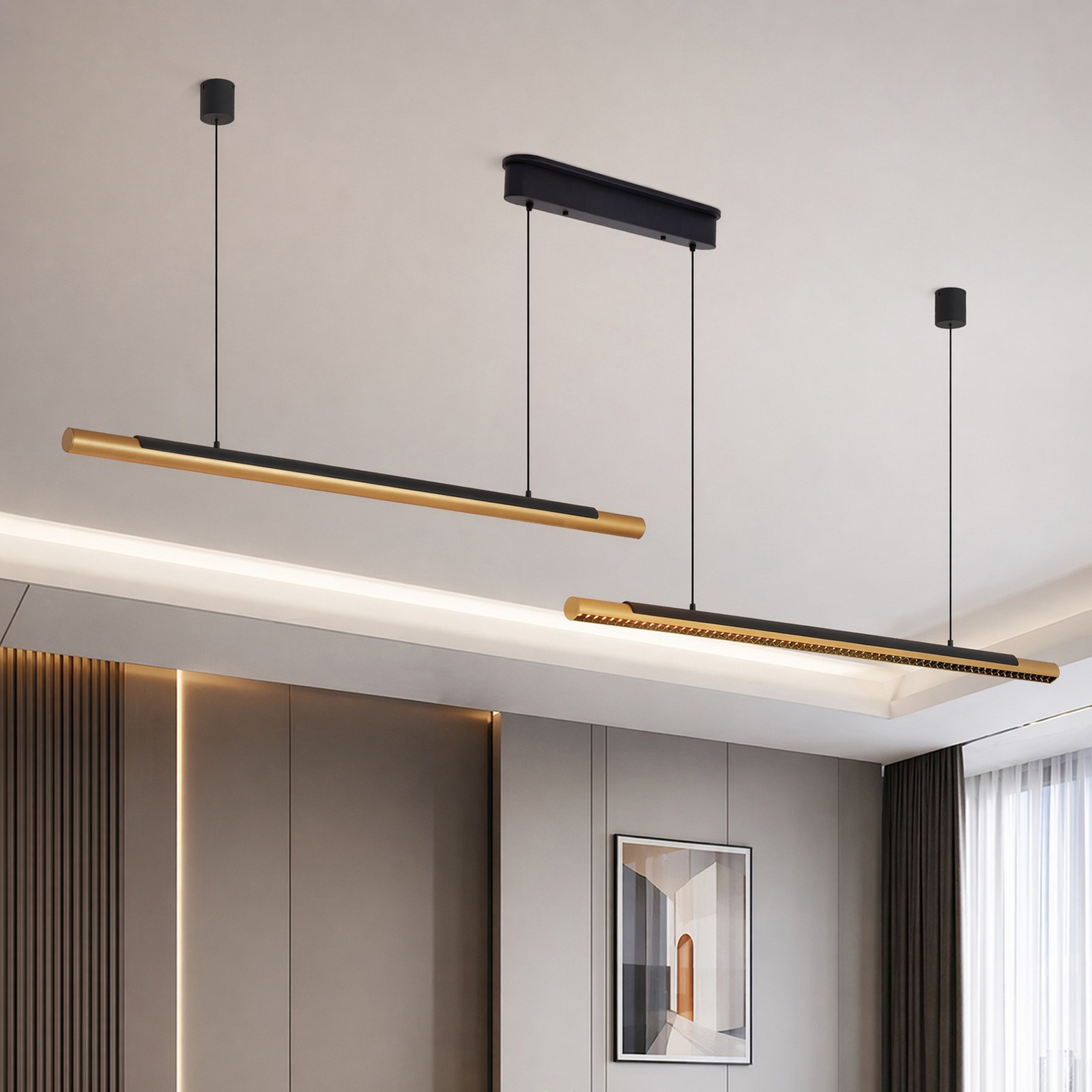 75 in Black Gold Linear 3CCT LED Pendant Chandelier 2 Light Living Room Fixture gallery