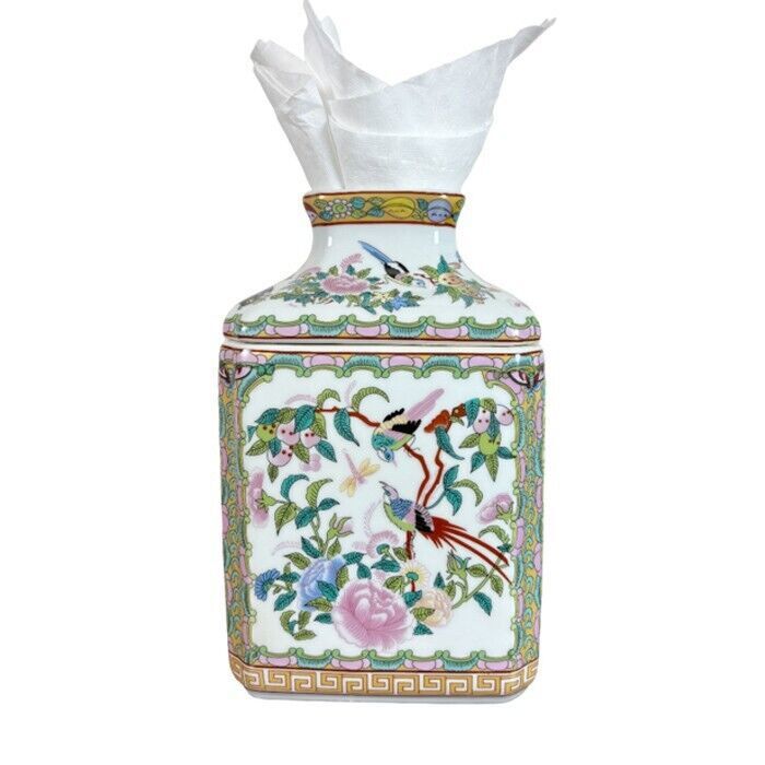 Rose Canton Chinoiserie Porcelain Tissue Box Holder Cover++ gallery