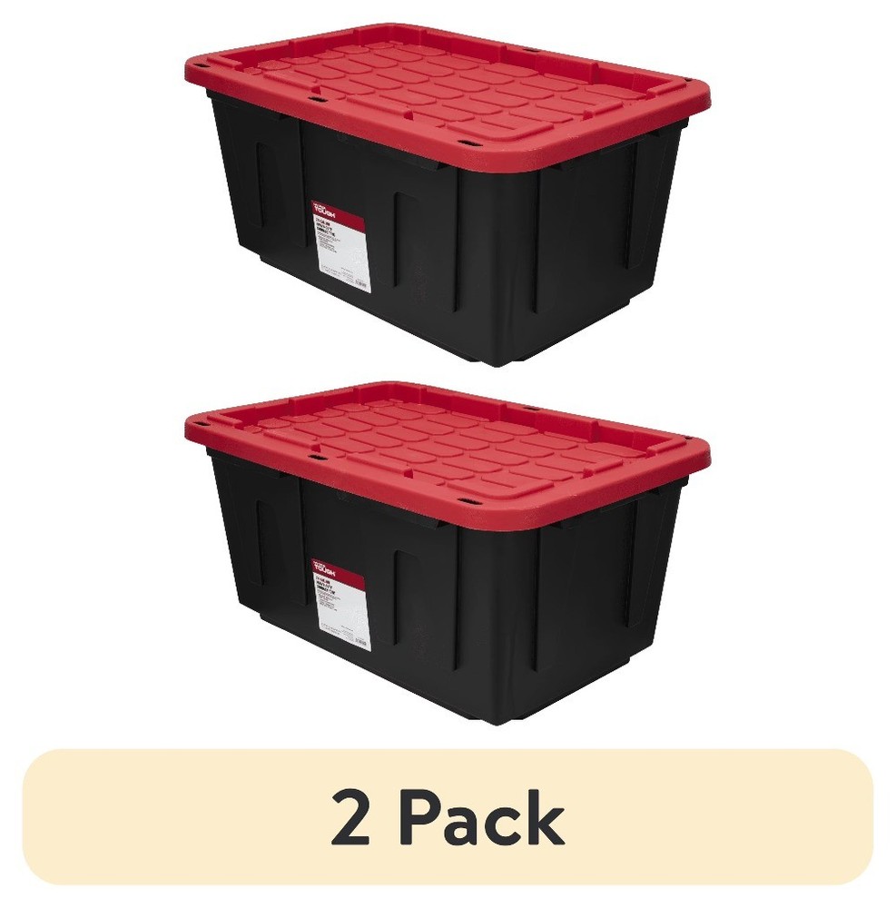 (2 pack) 27 Gallon Large Storage Bin with Snap Lid, Black and Red