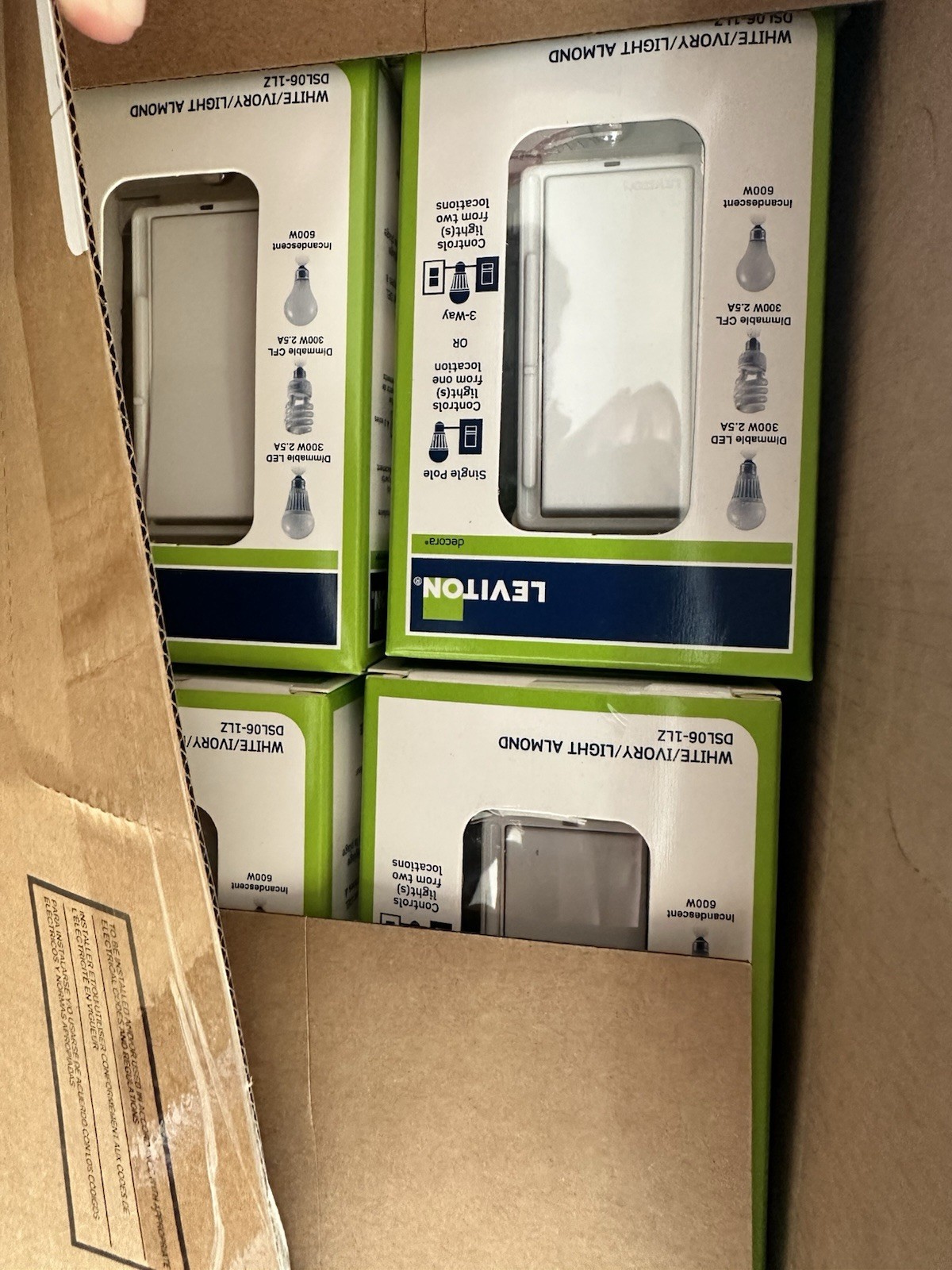 NEW Leviton DSL06-1LZ Single Pole 3-Way LED CFL Slide Dimmer Preset WHT 10 Pack gallery
