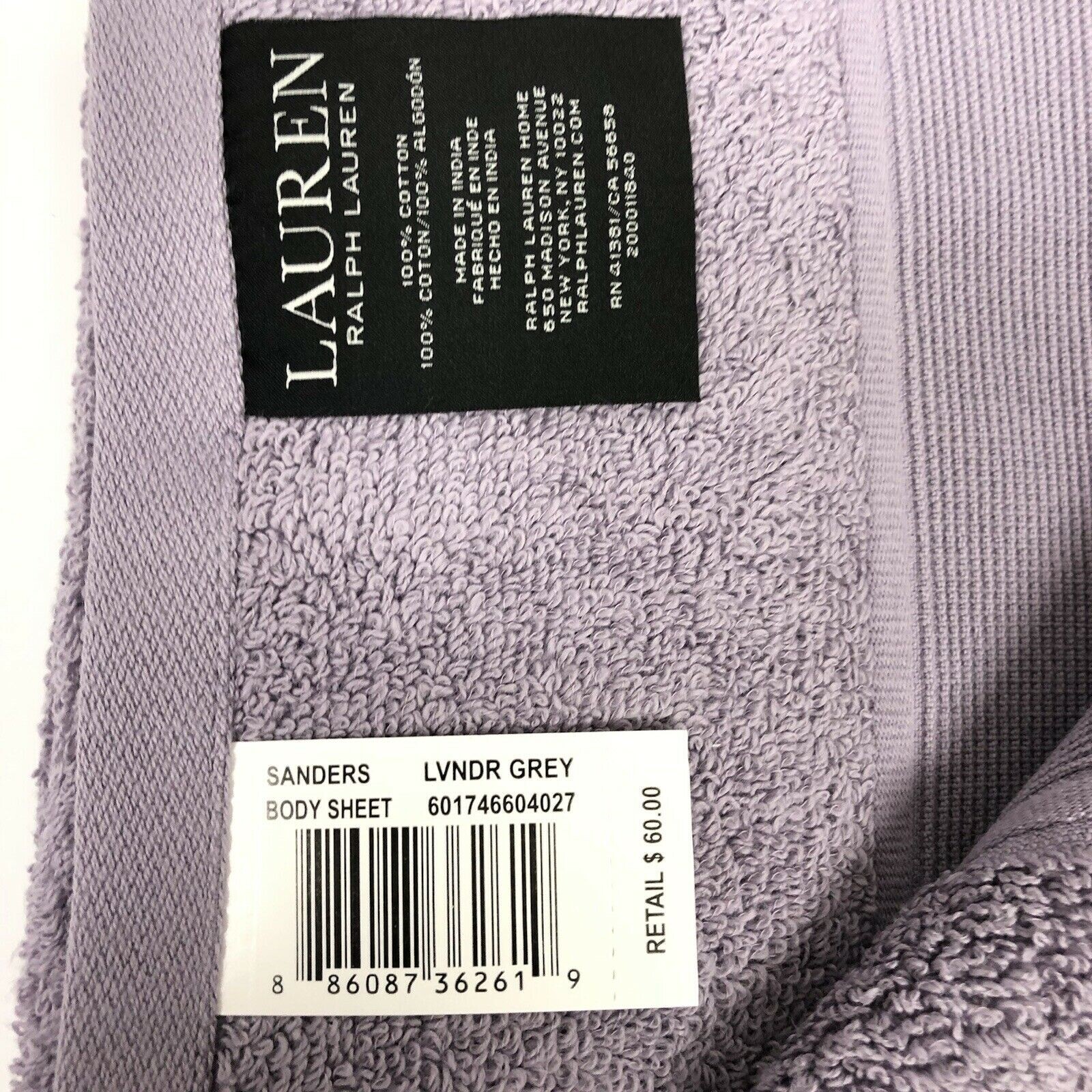 Lavender Grey Ralph Lauren Sanders Solid Bath Sheet 35" X 66" New 100% Cotton gallery