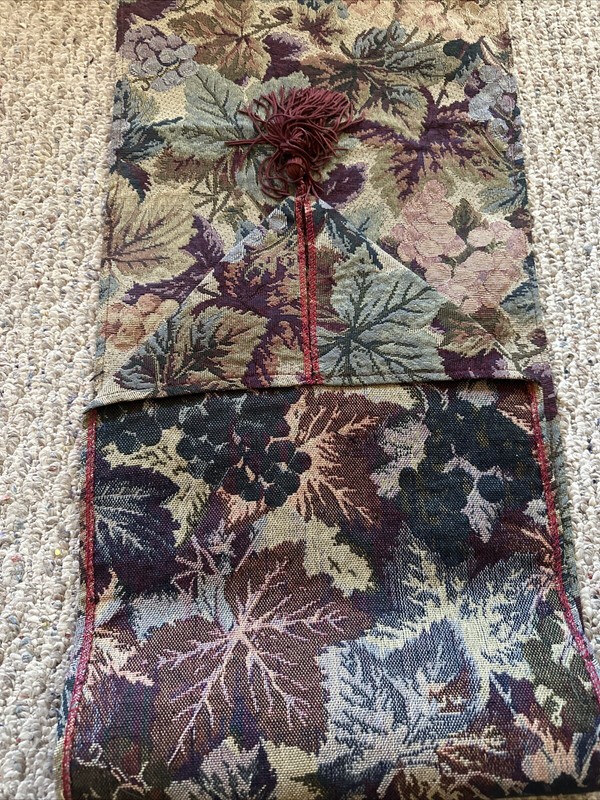 Fall Tapestry Table Runner Grapes & Leaves Burgundy Tassels 78” x 12 3/4” Estate gallery