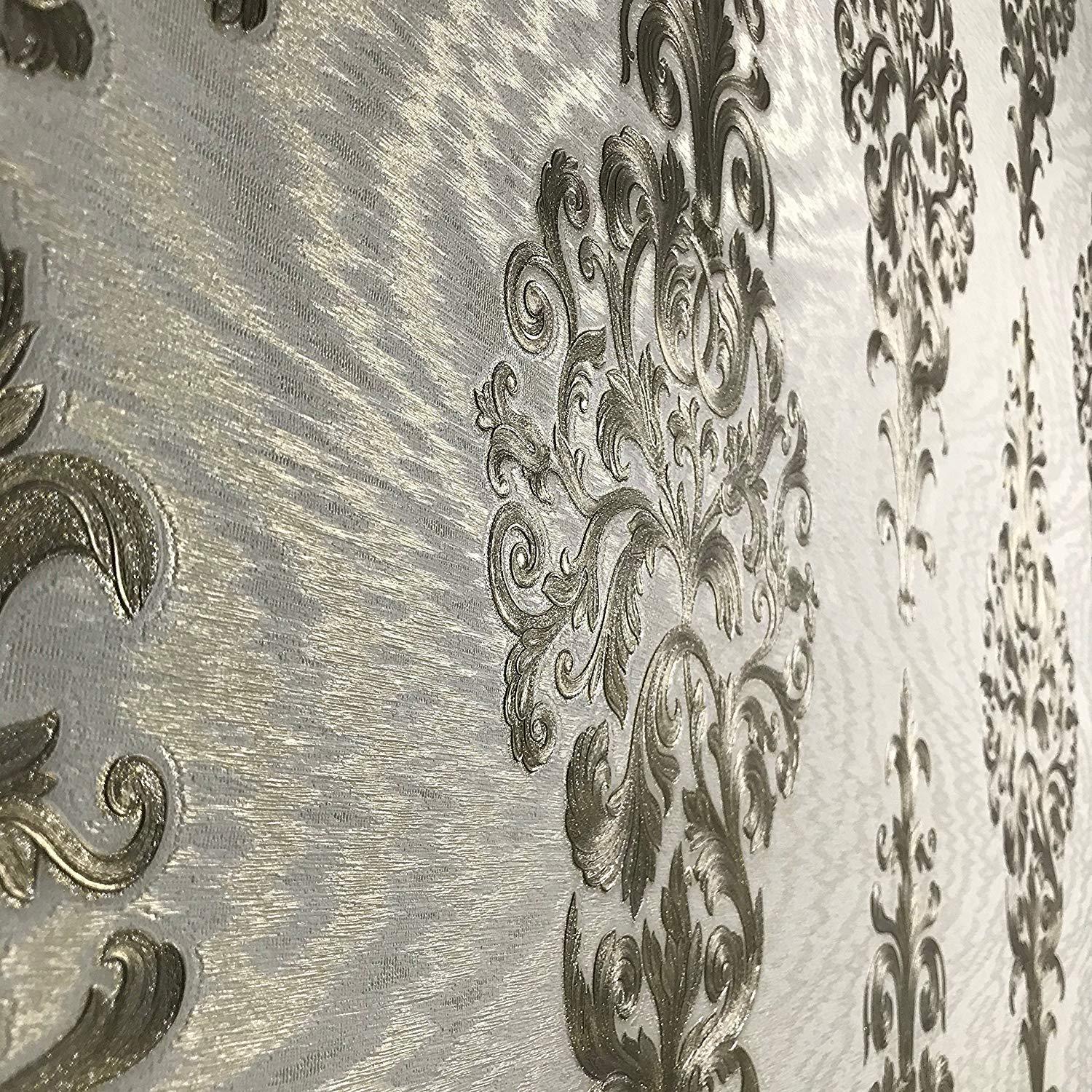Wallpaper Wall coverings textured Damask ivory bronze white silver gold metallic gallery
