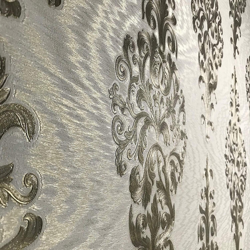 Wallpaper Wall coverings textured Damask ivory bronze white silver gold metallic