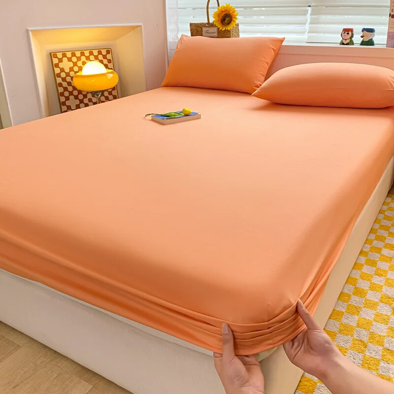 Soft Cotton Fitted Bed Sheet with Elastic Band Solid Color Mattress Cover for Si gallery