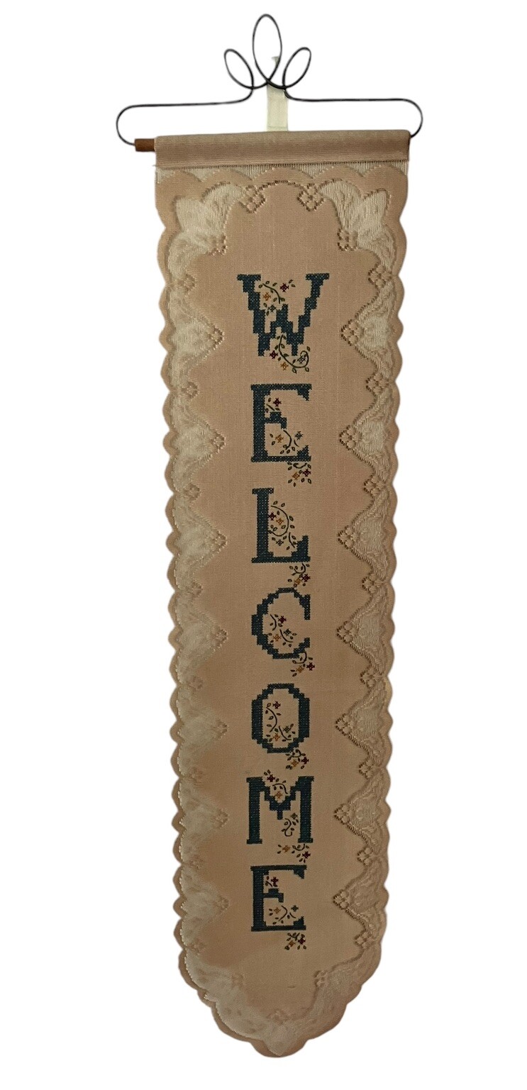 Vtg Lace Welcome Sign Bell Pull On Wire Wood Hanger Hand Embroidered 7x31” gallery