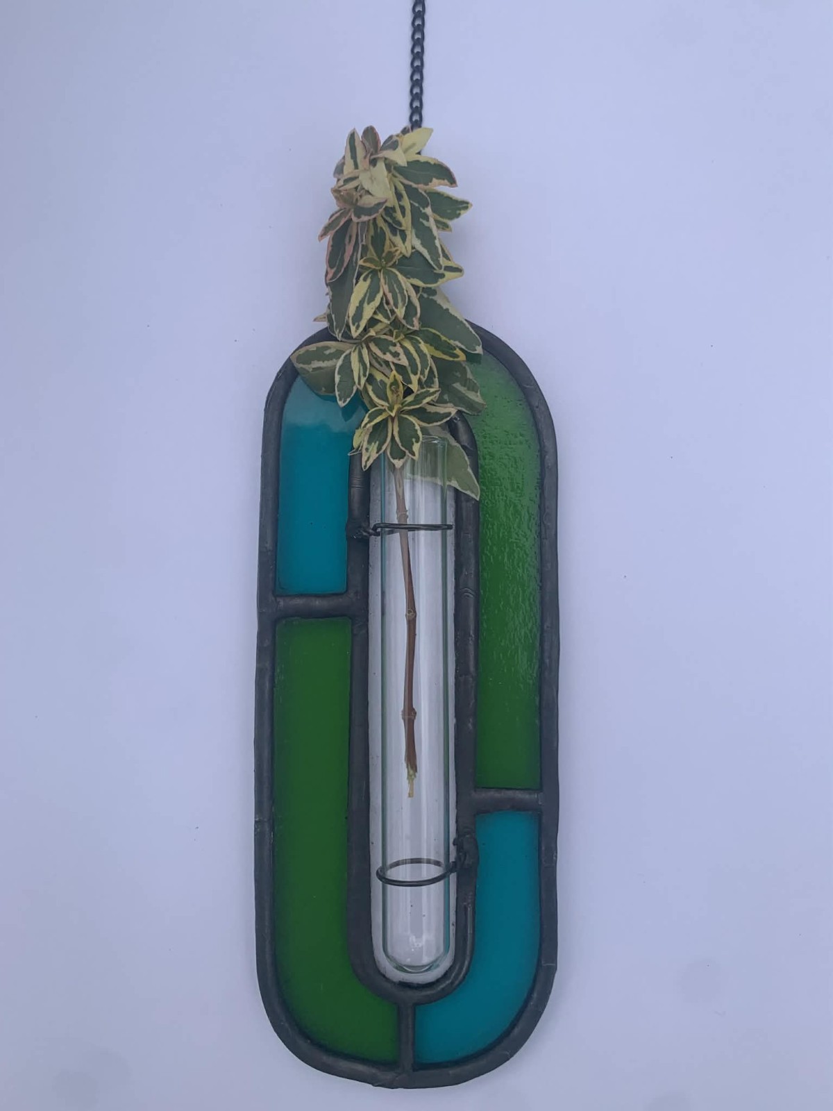 Teal & Light Green Stained Glass Propagation Station - Handcrafted Suncatcher gallery