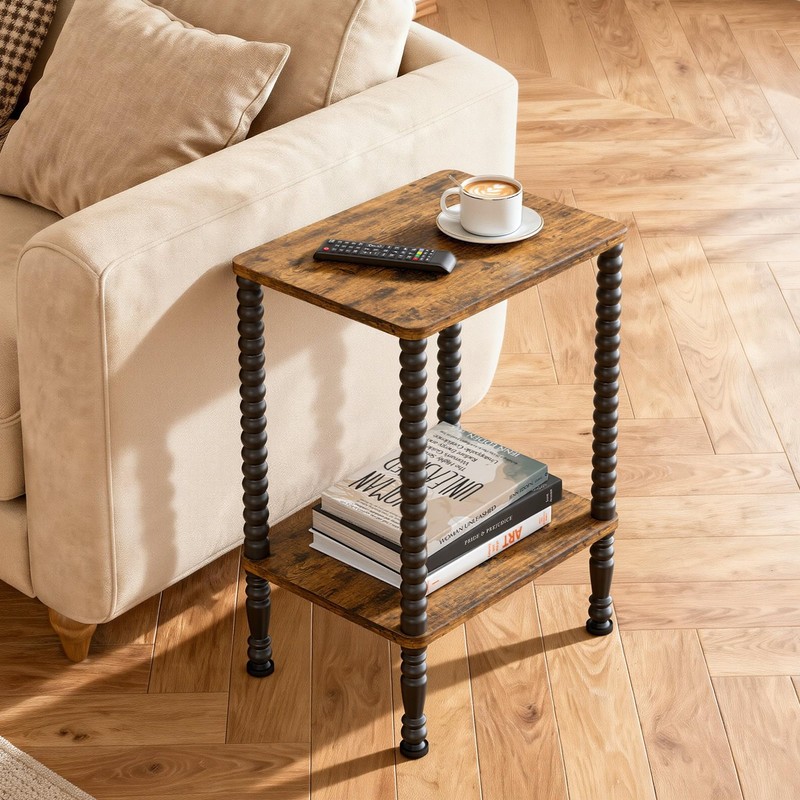 Side Table Small End Table 2Tier Nightstand Storage Shelves Rustic Brown Black gallery