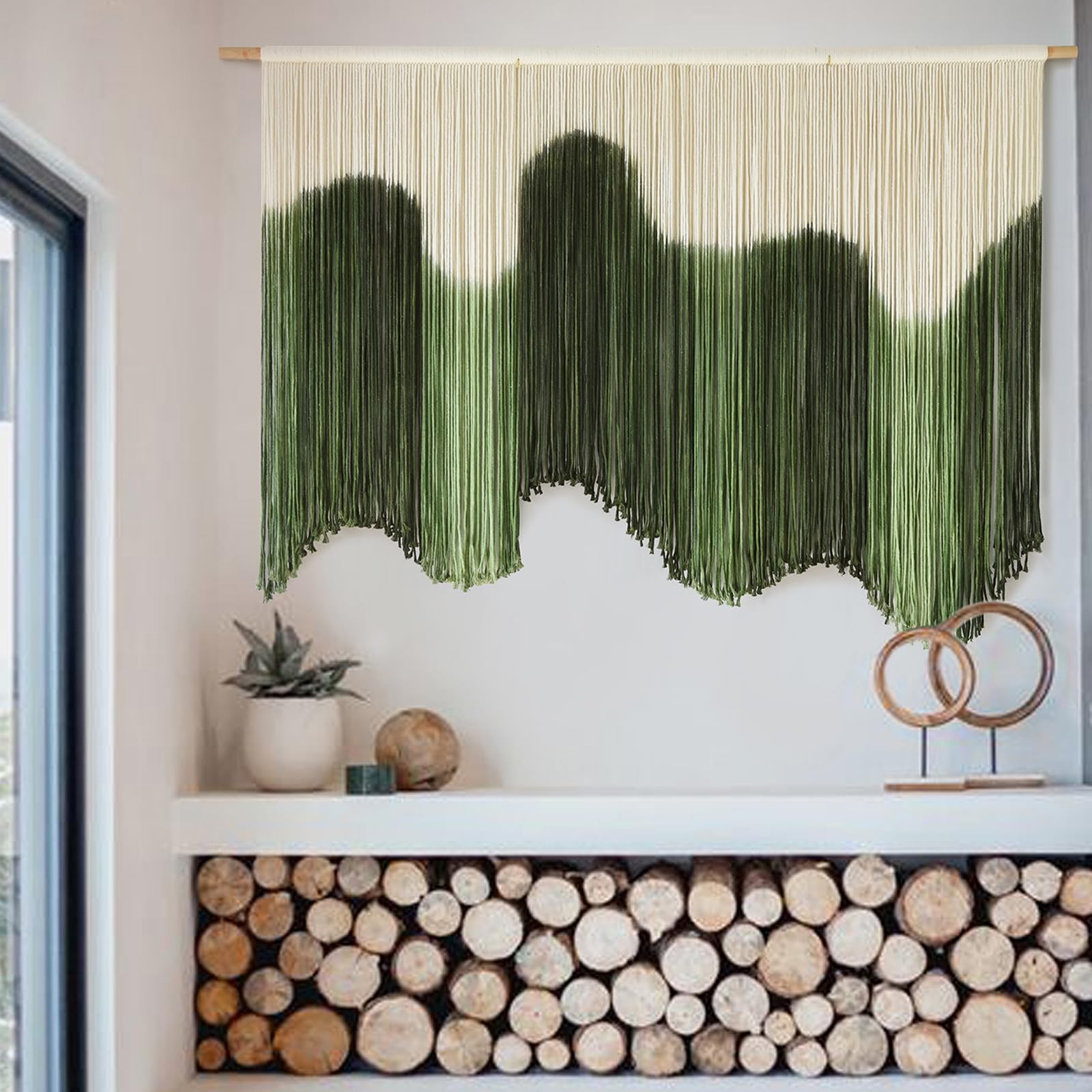 IOWER Large Macrame Wall Hanging Boho Art Green Fiber 39"L x 57"W, gallery