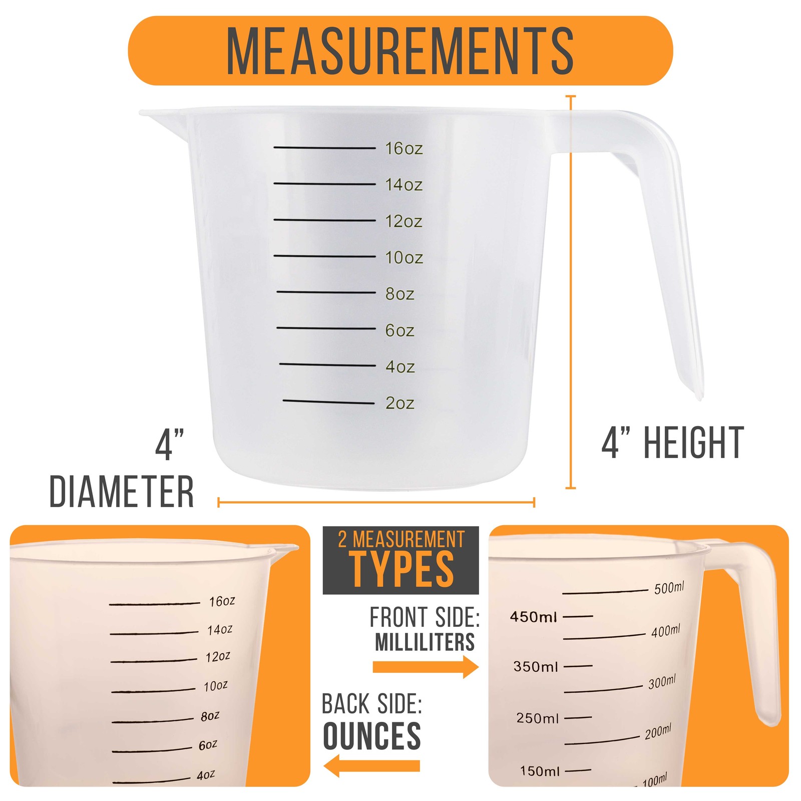 6 - 16 oz (500 ml) Plastic Graduated Measuring Cups, Kitchen Measure Mix Ounces gallery