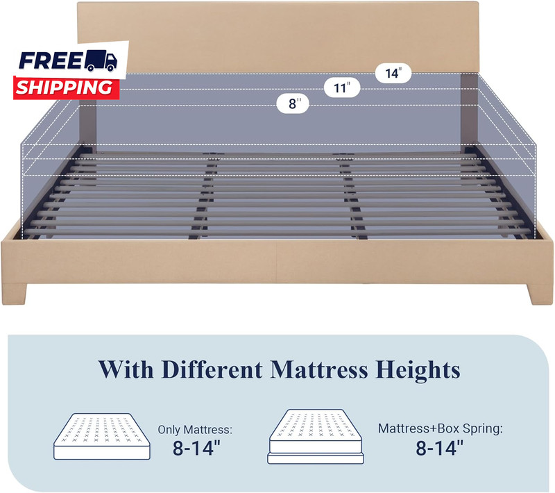 King Size Bed Frame with Adjustable Headboard Upholstered Platform Bed gallery