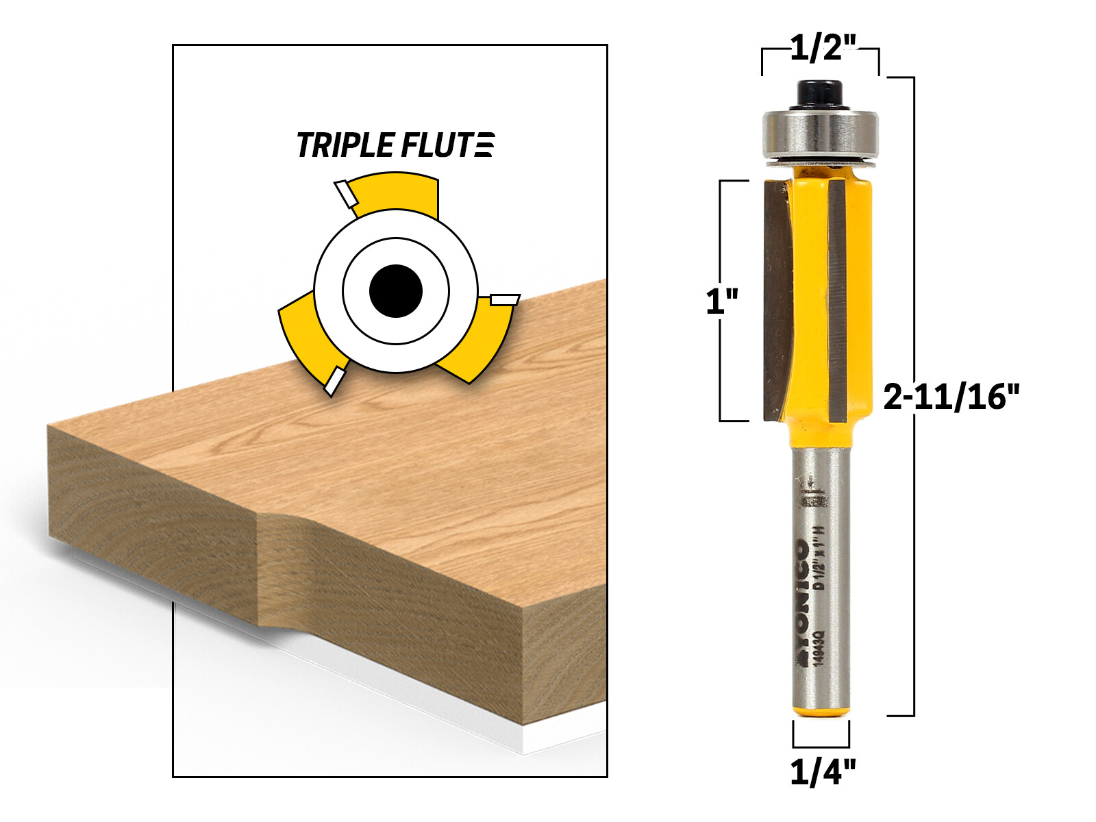 1" X 1/2" Diameter Triple Flute Flush Trim Router Bit-1/4" Shank - Yonico 14943q gallery