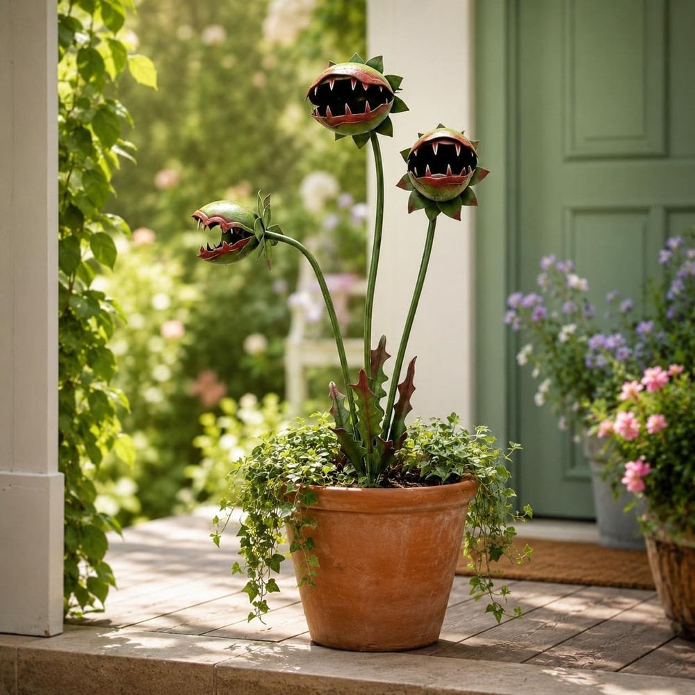 Unique Metal Venus Flytrap Outdoor Decor, Funny Monster Plant Gift for Garden