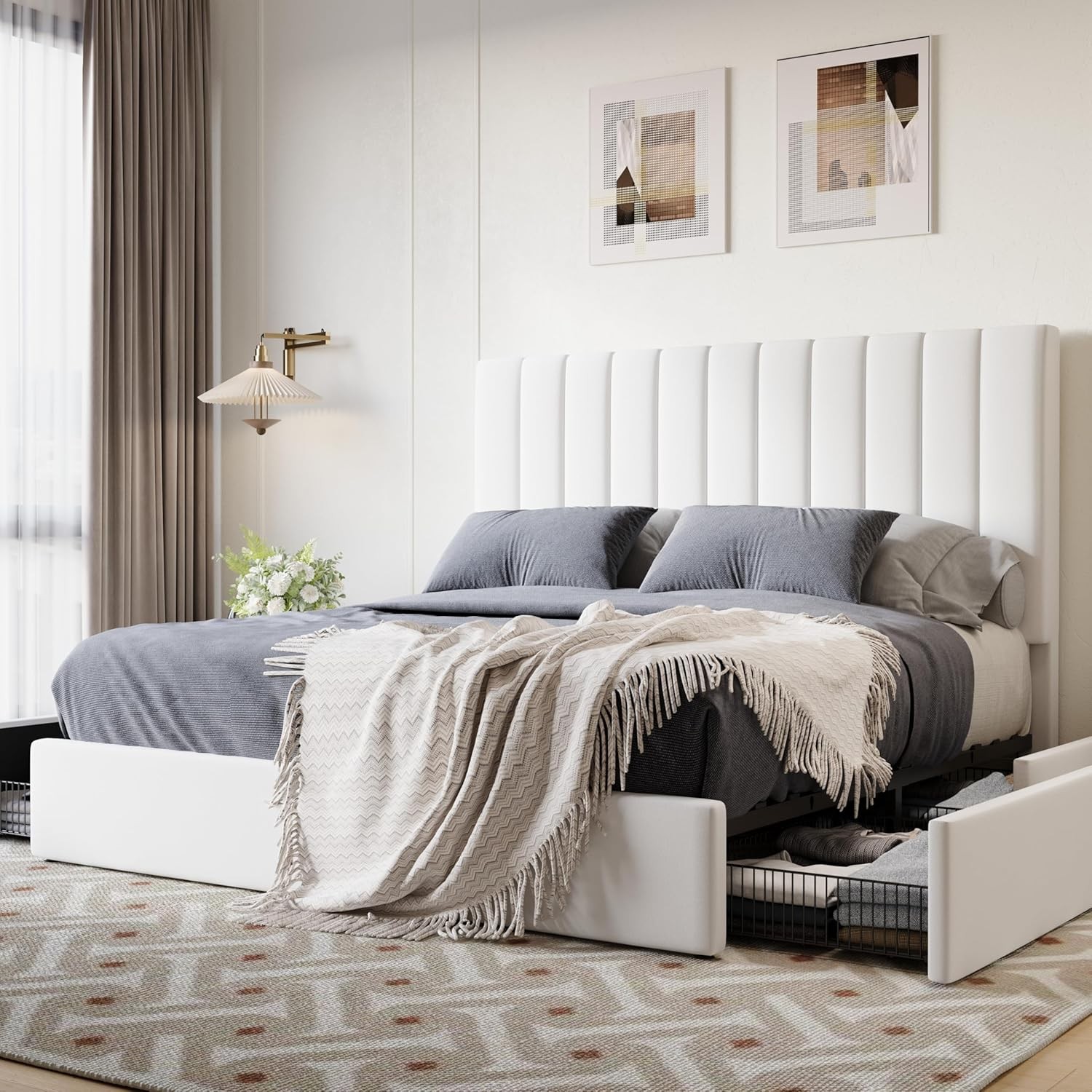 SHA CERLIN Queen Platform Bed 4 Drawers Velvet White gallery