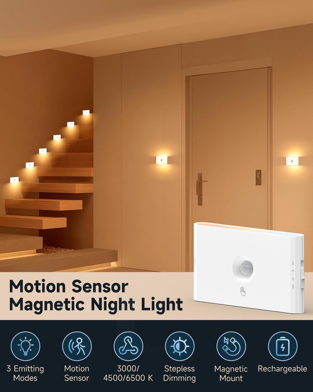 3-Pack Rechargeable Motion Sensor Stair Lights White, Dimmable Night Lights w... gallery