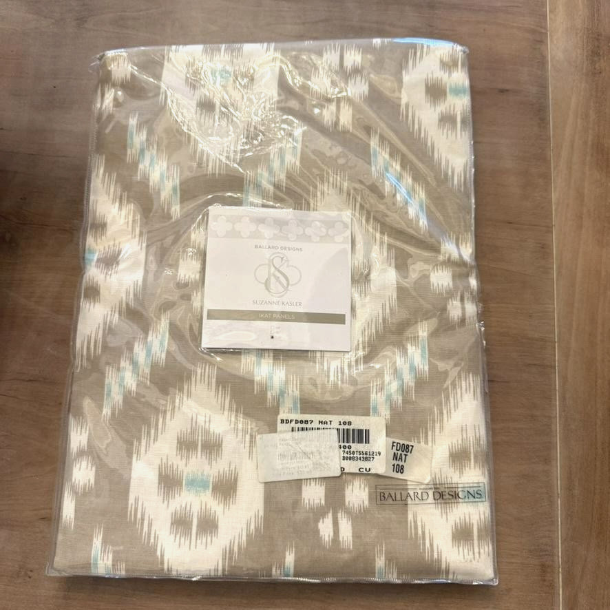 NIB Ballard Designs Suzanne Kasler Ikat Curtain Panel 108in Natural Aqua Linen gallery