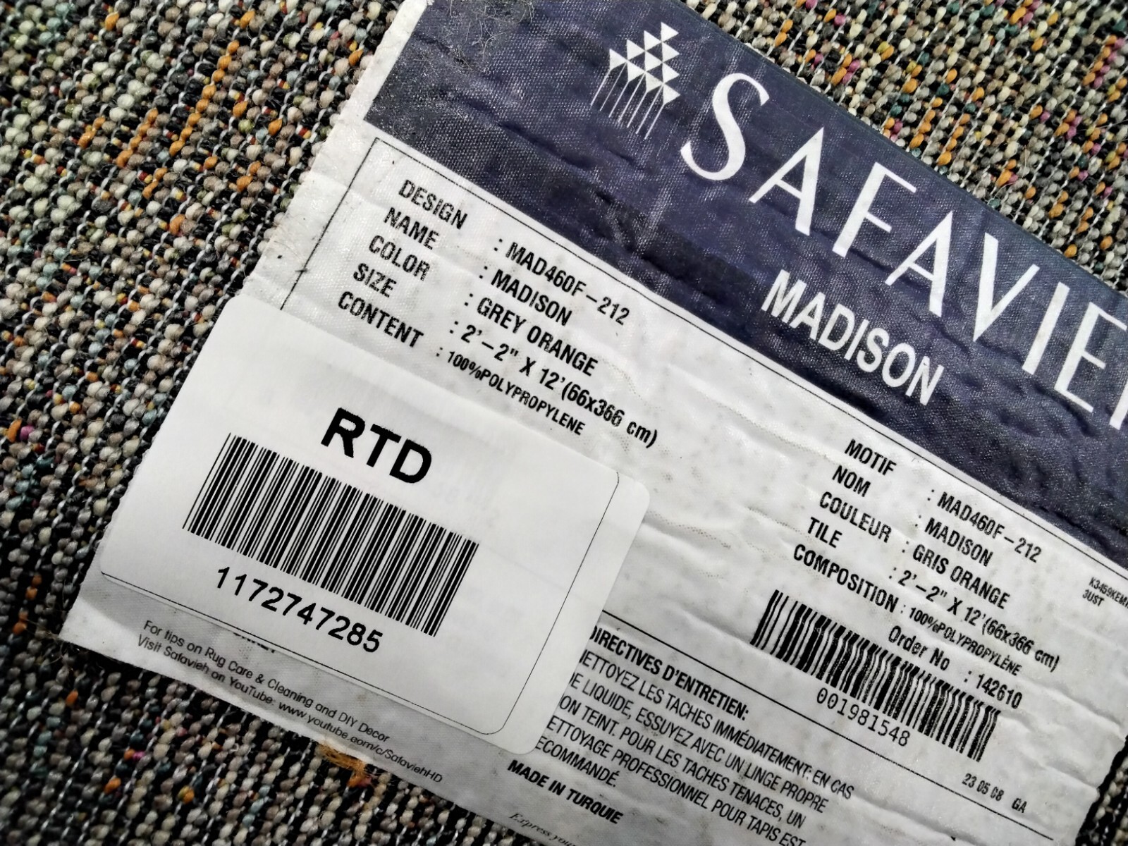 GREY / ORANGE 2'-2" X 12' Back Stain Rug, Reduced Price 1172747285 MAD460F-212 gallery