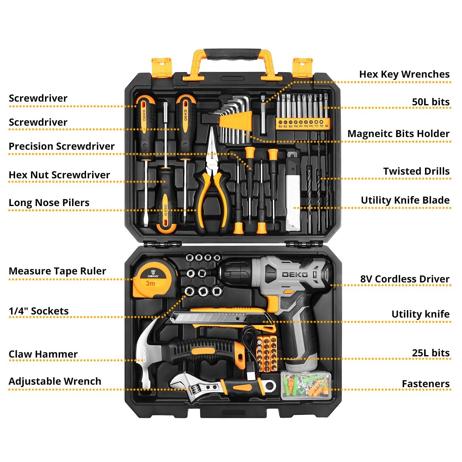 DEKOPRO 126 Piece Power Tool Combo Kits with 8V Cordless Drill, 10MM 3/8'' gallery