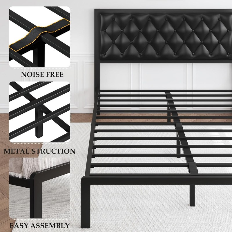 Queen Bed Frame Upholstered Button Tufted Headboard Platform Metal Slats Support gallery