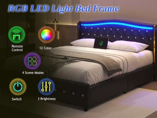 Bed Frame with upholstered headboard，4 Storage Drawers and Led,Charging station. gallery