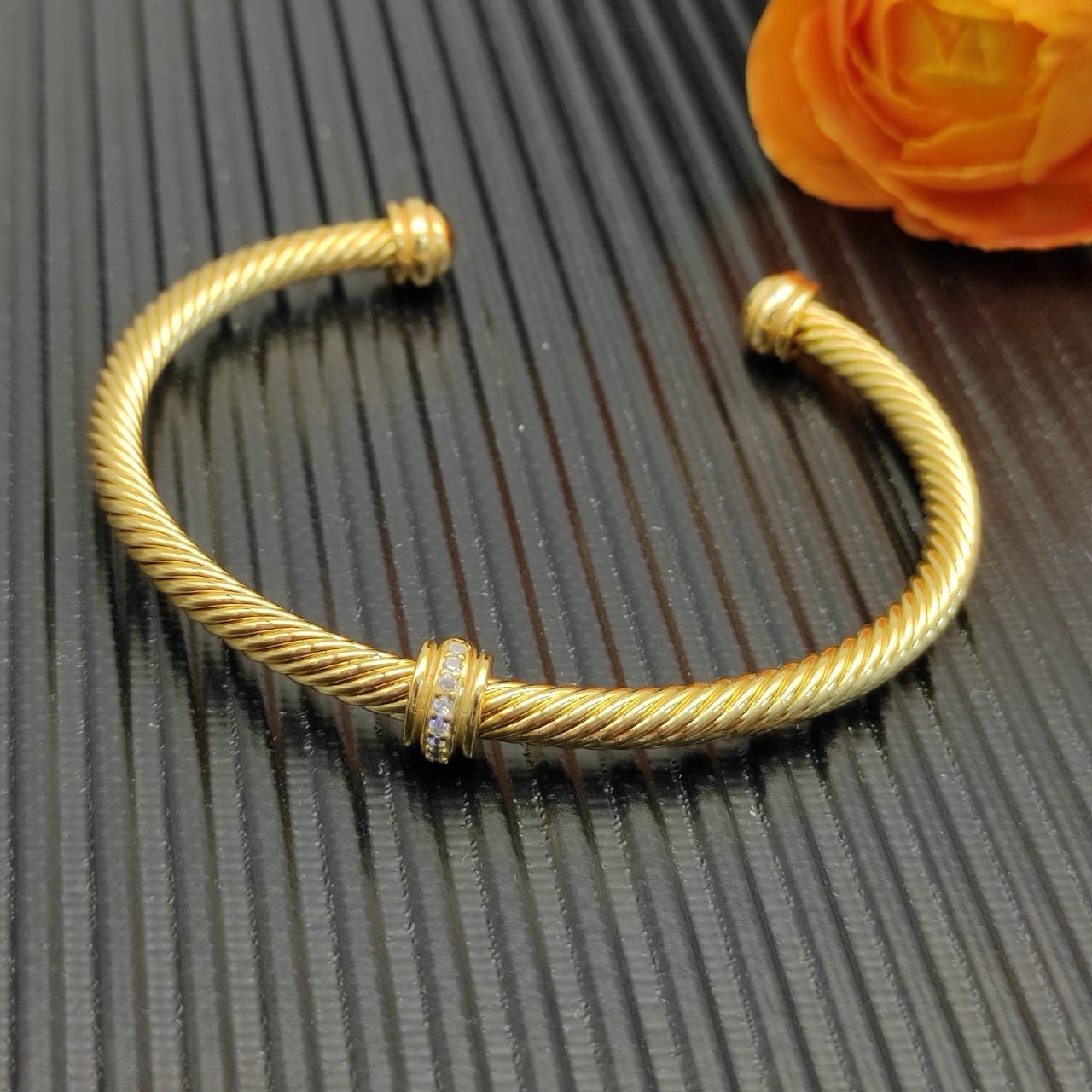David Yurman 18k Yellow Gold Cable Cuff Bracelet w/ Pave Diamond Accents gallery
