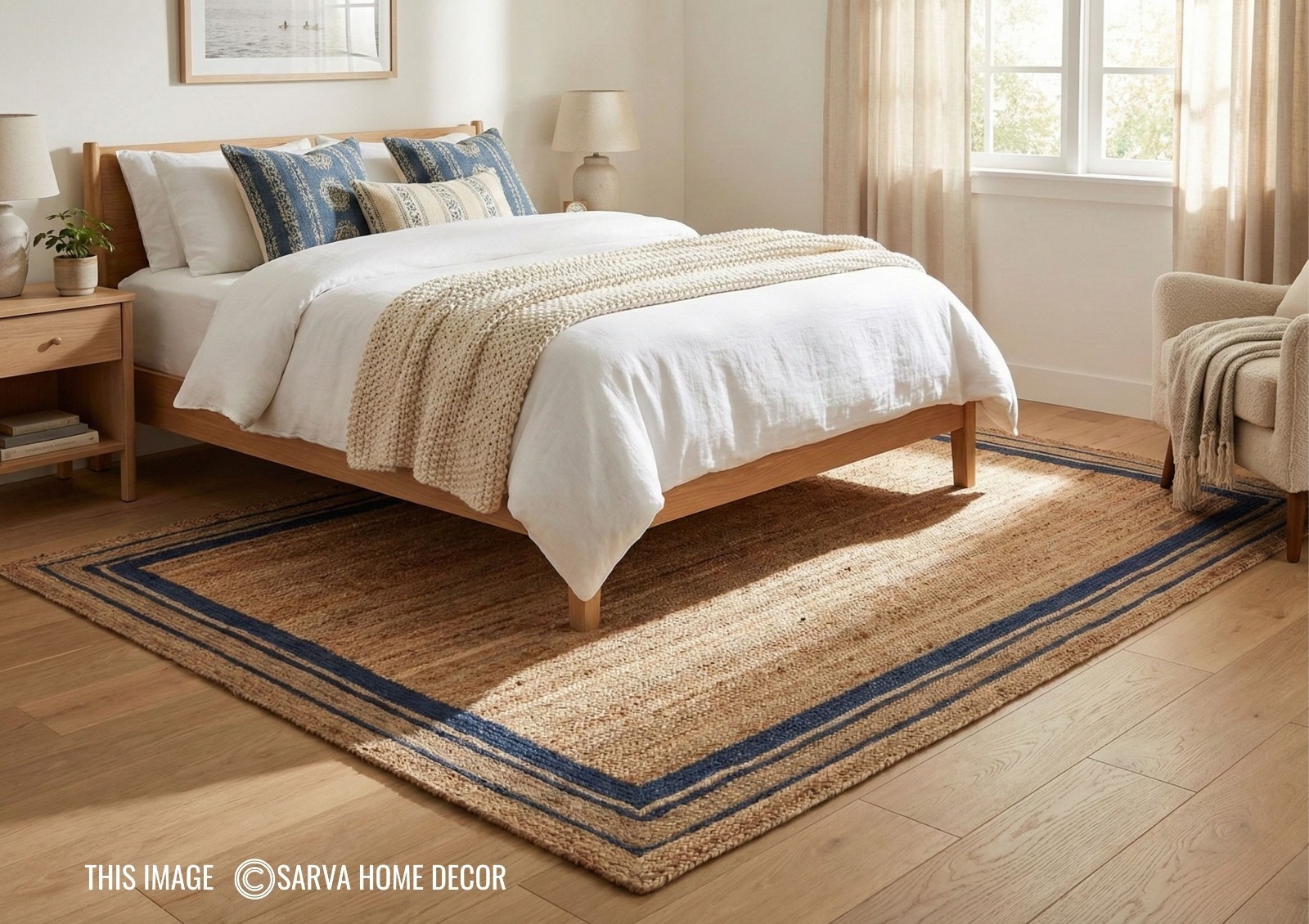 Jute Natural Rectangle Area rug runner, Handmade Hand Woven carpet Blue & Beige gallery