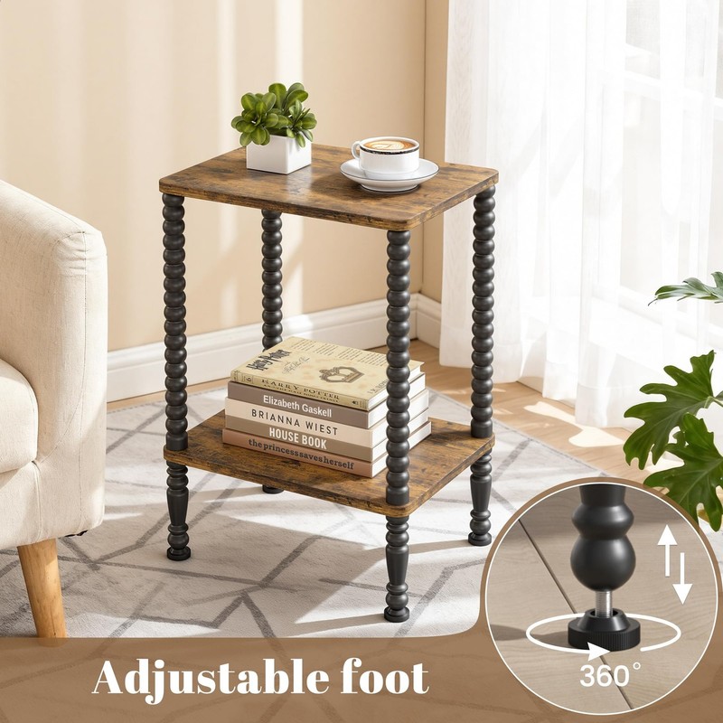 Side Table Small End Table 2Tier Nightstand Storage Shelves Rustic Brown Black gallery