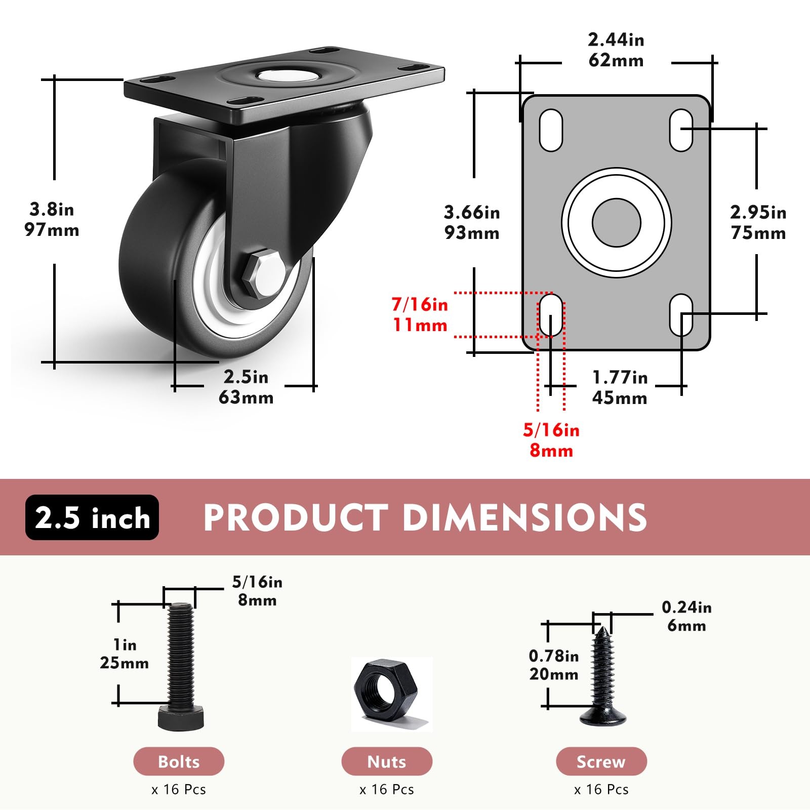 Caster Wheels, 2.5 Inch Heavy Duty Casters Set of 4, Load 1000lbs Industrial ... gallery
