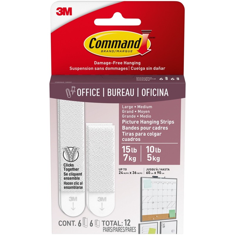 (3 pack) Command Medium and Large Picture Hangers, Holds 10 & 15 lbs, White gallery