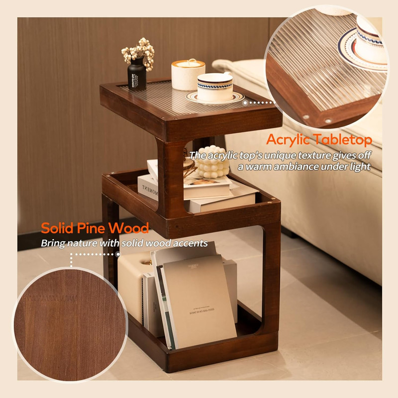 Solid Wood Side Table for Living Room, Narrow 3-Tier End Table with Fluted Acryl gallery