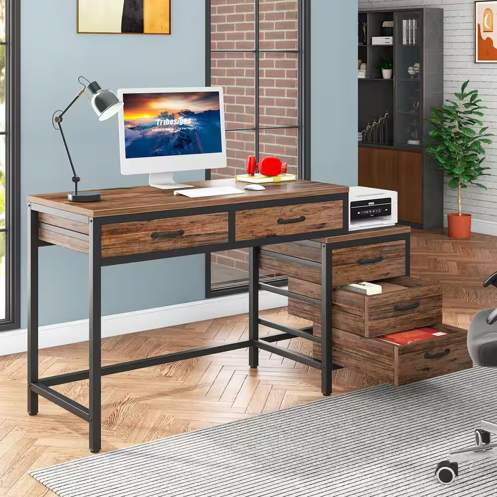 Moronia 51 In. Retangular Brown Black Computer Desk 5-Storage Drawers Home Offic gallery