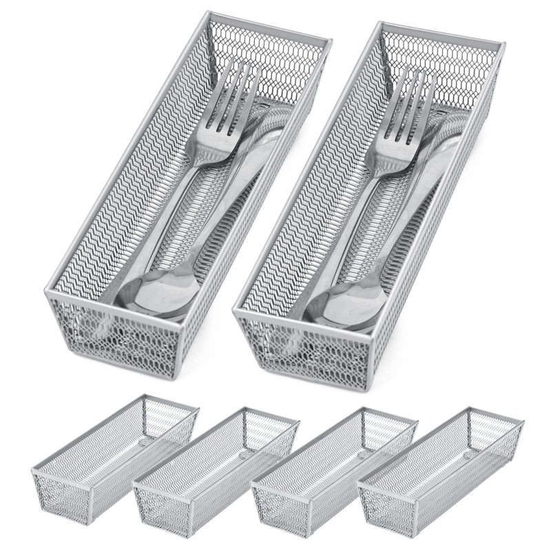 6 PCS 9x3x2 Inch Silver Mesh Silverware Organizer Metal Utensil Tray gallery