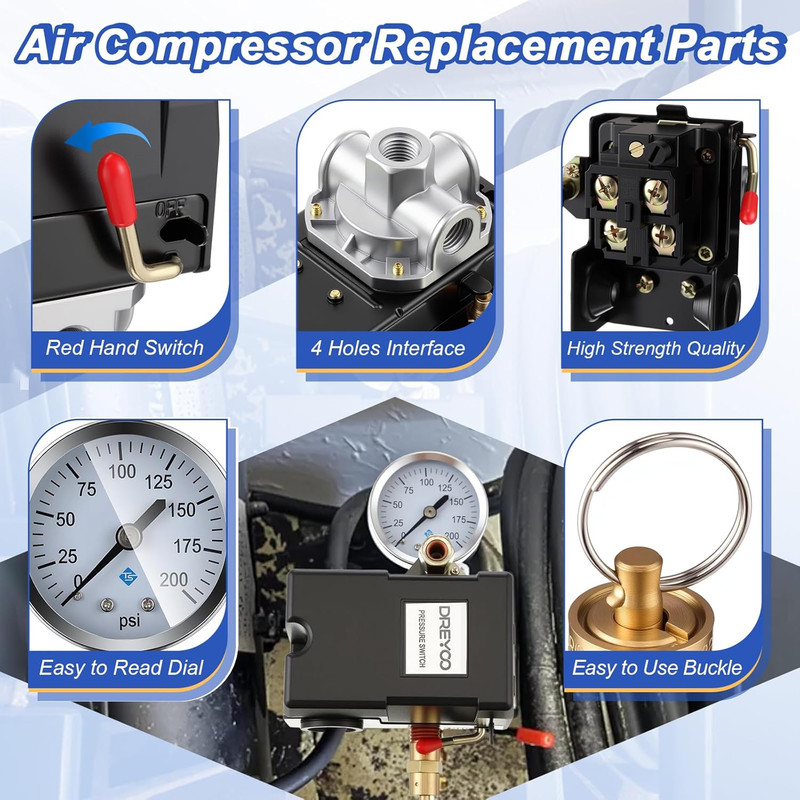 Air Compressor Pressure Switch 135-175 4-Port 20 Amp with 0-200 PSI Gauge and 20 gallery