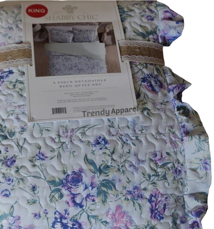 Shabby Chic, Reversible, Violet/Blue Floral KING Quilt & Sham Set gallery