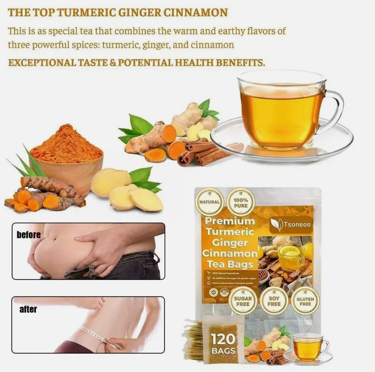 120 Premium Turmeric Ginger Cinnamon Tea Bags, 100% Natural &No Additive Support gallery