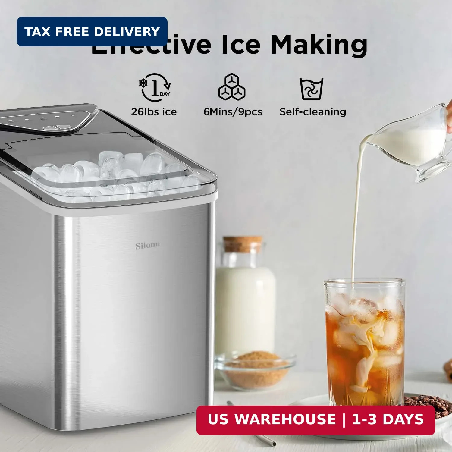 Silonn Ice Makers Countertop, 9 Cubes Ready in 6 Mins, 26lbs in 24Hrs, Self-Clea gallery