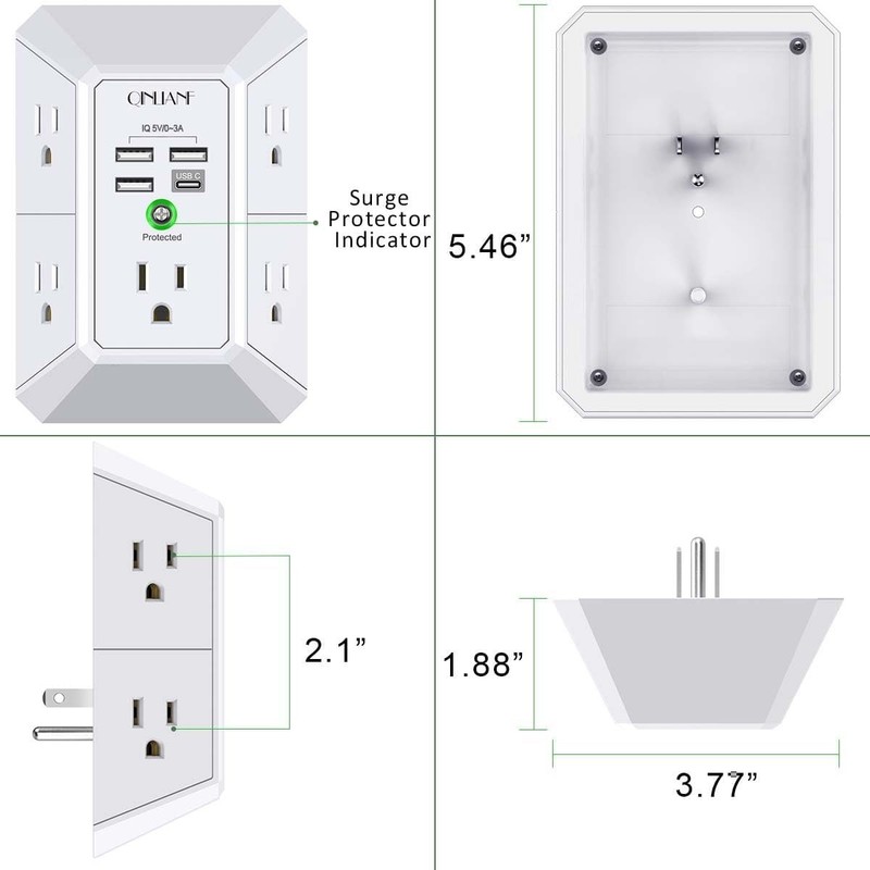 5 Outlet Extender Surge Protector Multi Plug Wall Adapter USB Charger Ports with gallery