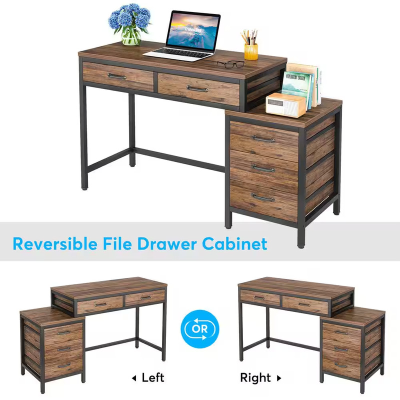 51 In. Rustic Brown Rectangle 5-Drawer Computer Desk, Industrial Desk with Rever gallery