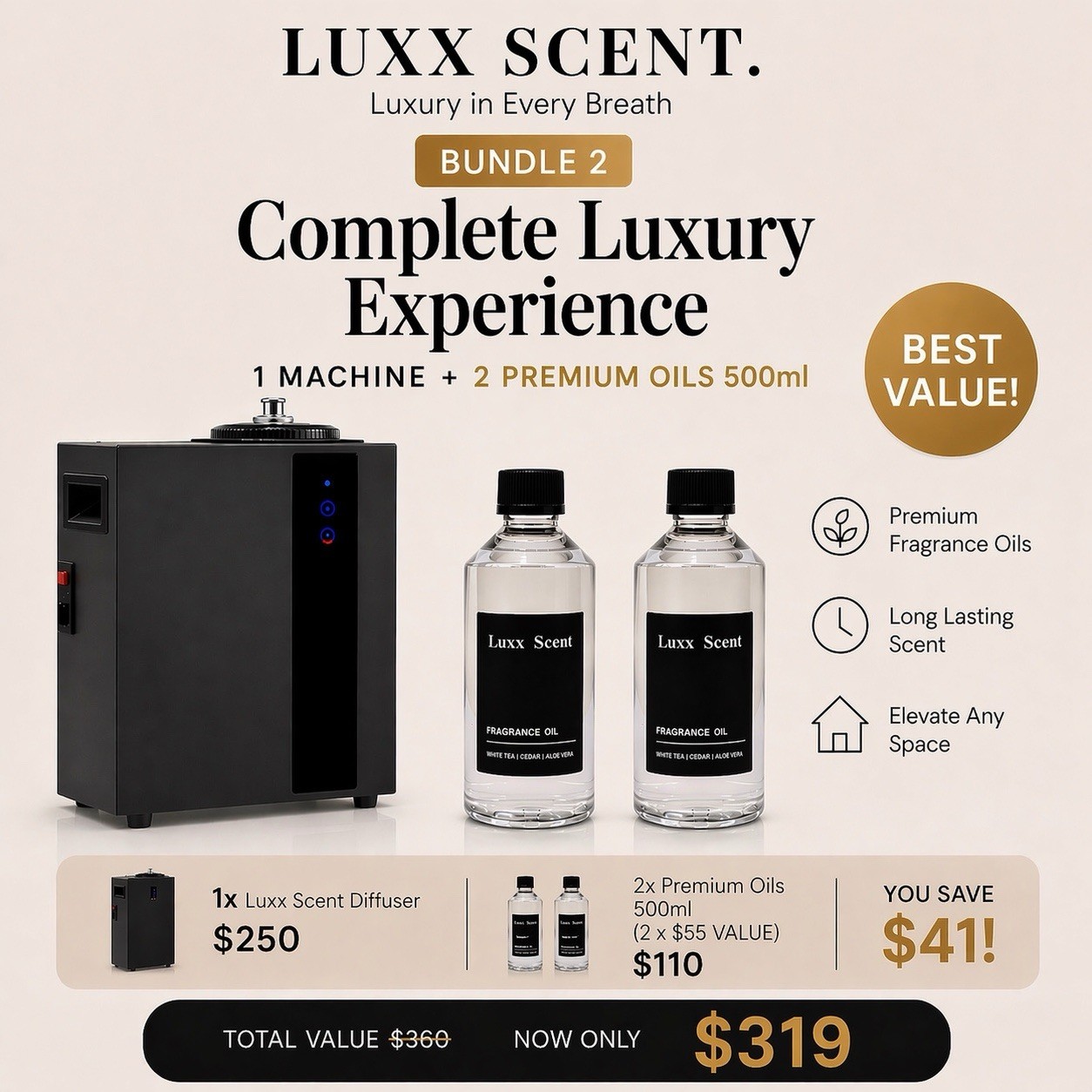 Luxx Scent Diffuser + 2x 500ml Oils Bundle HVAC Smart 16,000 Sq Ft gallery