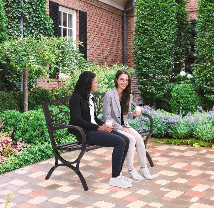FDW 50" Outdoor Garden Bench Slatted Seat Floral Back Patio Black gallery