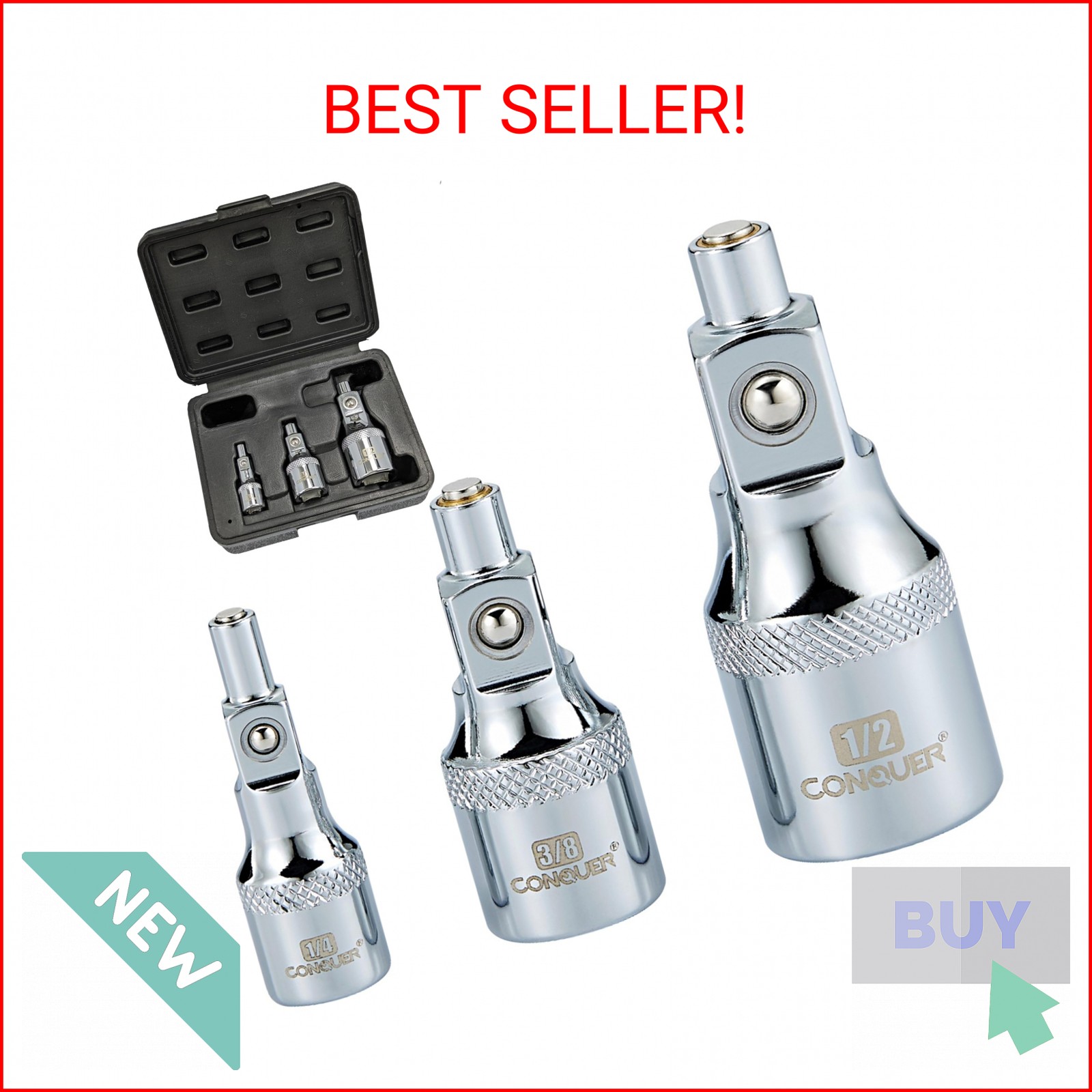 CONQUER No-Drop Magnetic Socket Extension Bars – CR-V Steel 1/4", 3/8", 1/2" Dri gallery