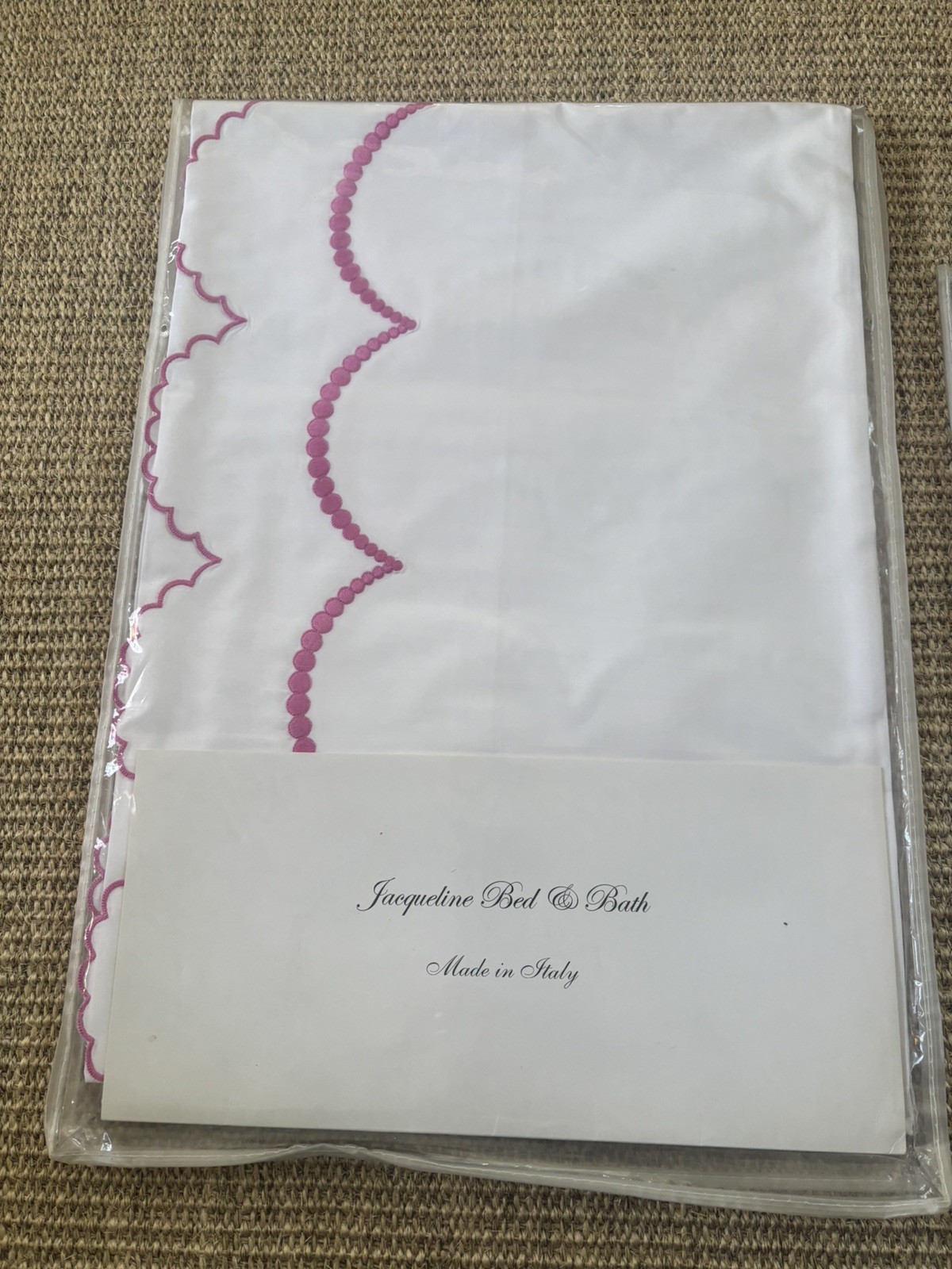 NIP Luxury Italian Embroidered Twin Flat Sheet & Neck Roll Sham White/Pink gallery