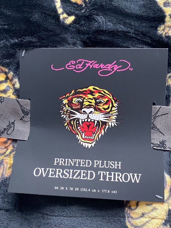 Ed Hardy Logo Plush Oversized Throw Blanket Tigers Tiger Jumping Black NEW gallery