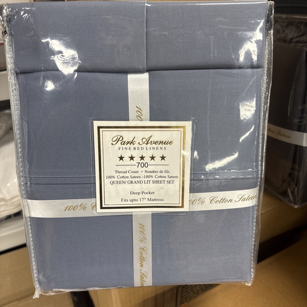 QUEEN SHEET SET Park Avenue 700 Thread Count 100% Cotton SATEEN SMOKE BLUE NEW!!