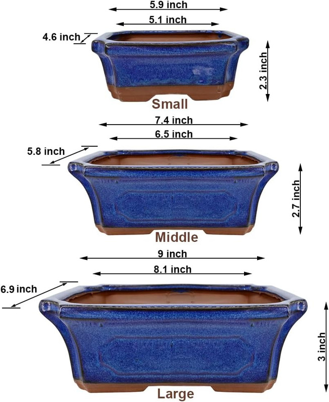 3 Pack Ceramic Rectangular Bonsai Tree Planter Pot Set 6”+7”+9”, Cactus Succulen gallery
