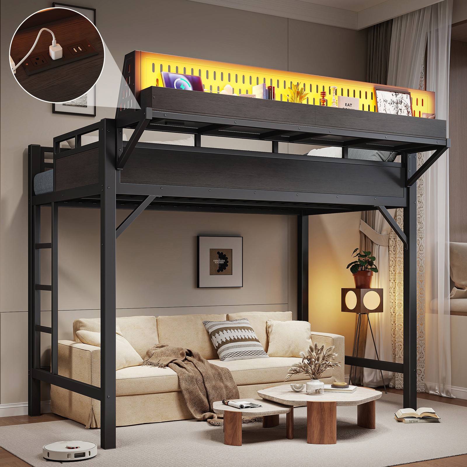 Twin XL Size Loft Bed Frame Storage Shelves, A Pegboard, USB Ports And LEDs gallery