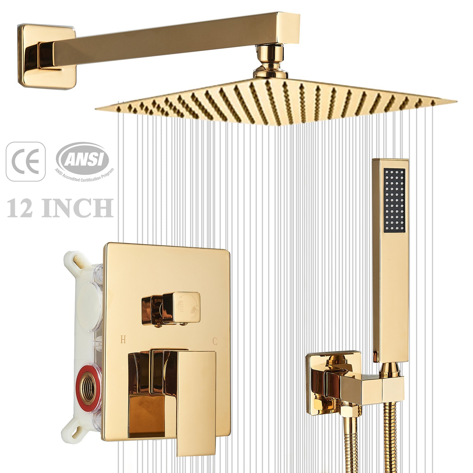Gold Shower Faucet Set System with Mixer Valve 12inch Rain Shower Head Combo Kit gallery